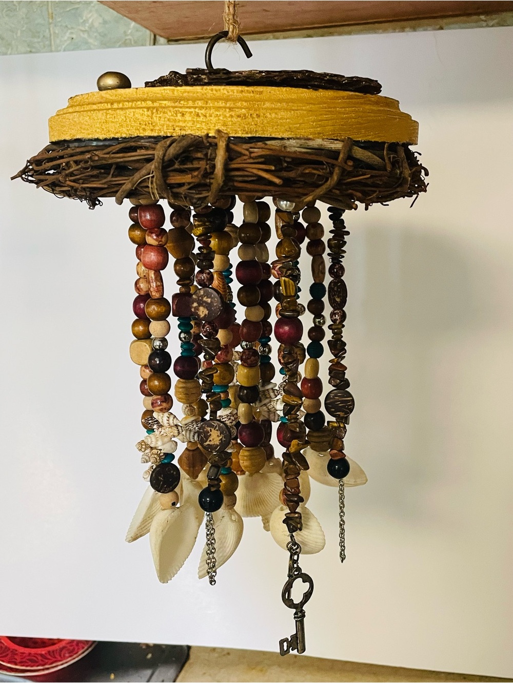 Handmade Boho Beaded Shell Wind Chime - Gold Paintd Top grapevine wreath